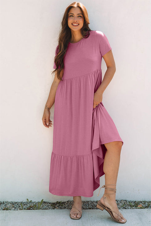 Effortless Solid High Waist Pocketed Short Sleeve Maxi T Shirt Dress